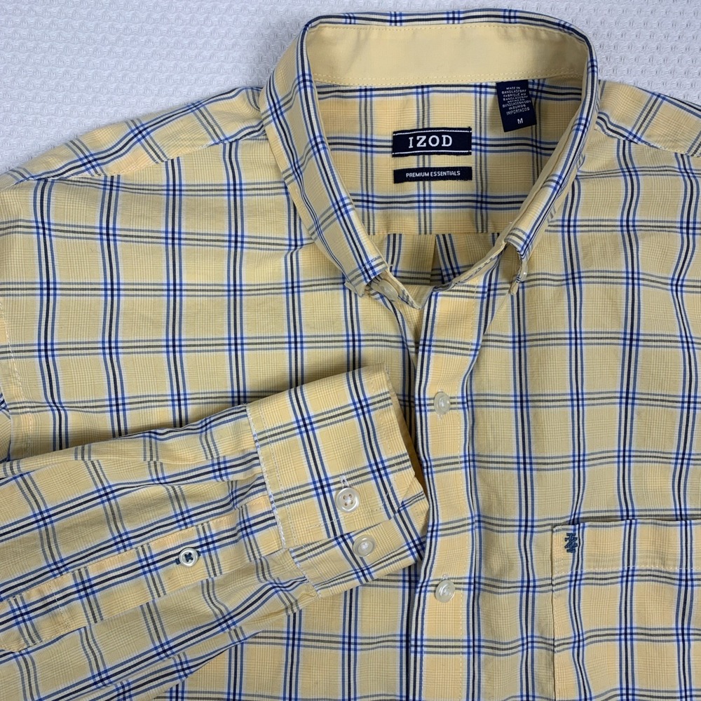 IZOD Premium Essentials Shirt Cotton Long Sleeve Men’s M Yellow Plaid Button Up